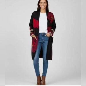 MaxSport Floral Long Knit Cardigan Coat Black Red Poppy Print Open Front Size M